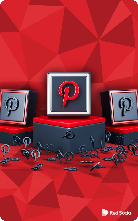 A Pinterest logo displayed on sleek black and red boxes, with scattered Pinterest icons