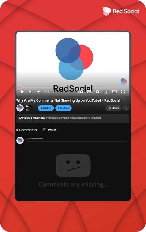 A YouTube video page displaying a missing comments section with the message "Comments are missing," set against a RedSocial background