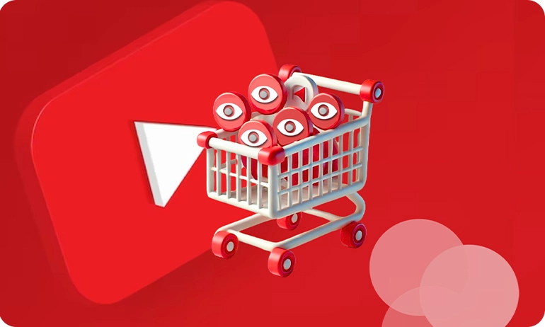 A shopping cart filled with YouTube views icons, symbolizing the purchase of video views on YouTube.
