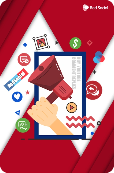 A hand holding a megaphone emerging from a smartphone screen, surrounded by icons related to social media, comments, and engagement