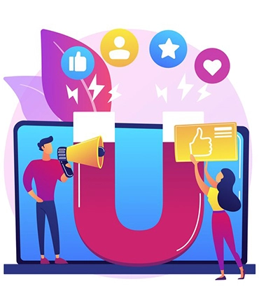Illustration of user engagement with social media magnet and icons.