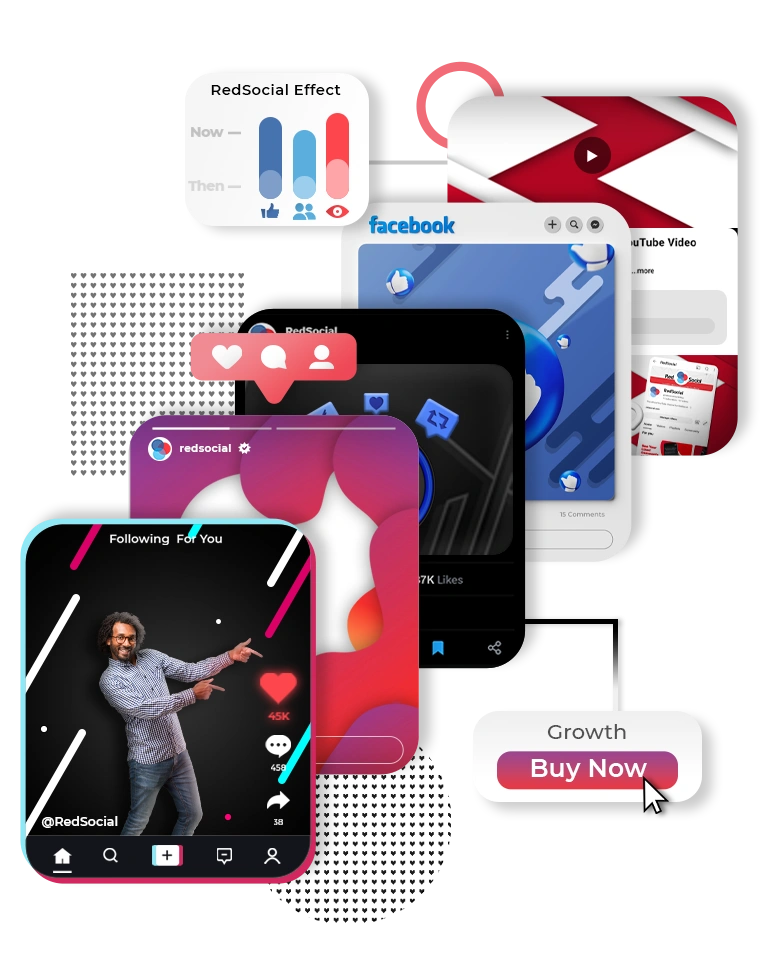 A collage of various social media platforms like Instagram, TikTok, and YouTube, with engagement icons like likes and followers, and a "Buy Now" button at the bottom.