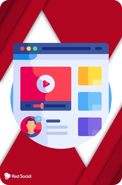 An illustration of a video platform interface showing a play button, profile, and content boxes