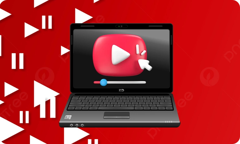 Laptop displaying a YouTube play button, suggesting video length optimization for YouTube.