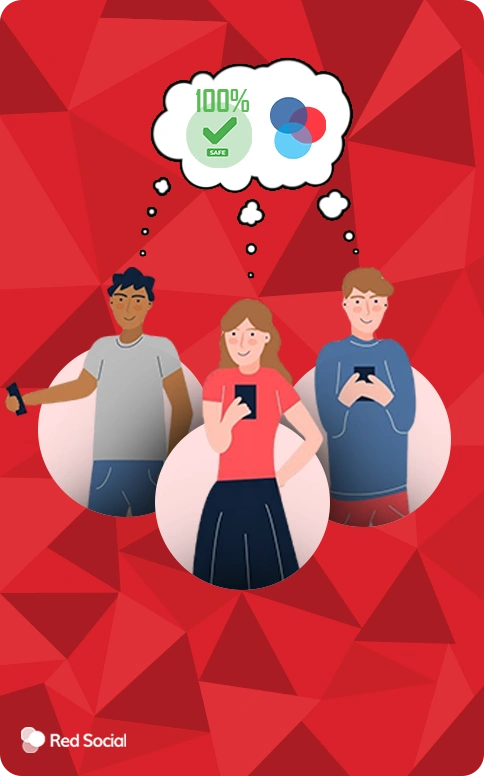 three people holding phones with thought bubbles displaying a 100% safe icon and the RedSocial logo, symbolizing trust and security
