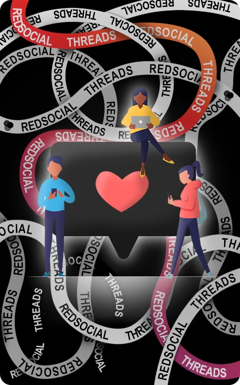 Three people interacting with a large like icon