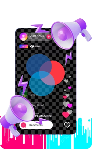 A mobile interface of a TikTok Live session, featuring megaphones and interaction icons to symbolize engagement.