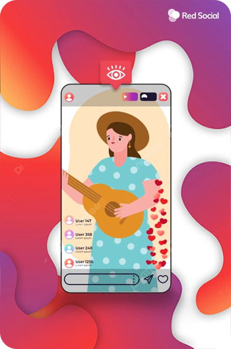 Illustration of a woman playing guitar on a live stream with user engagement icons, indicating Instagram Live growth.
