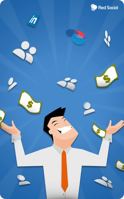 A smiling businessman tossing dollar bills and LinkedIn connection icons into the air, symbolizing success and profit