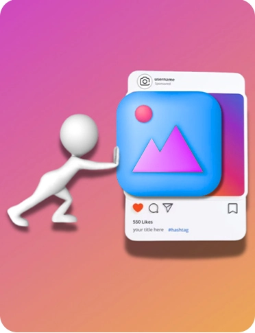A figure pushing a photo icon into an Instagram post mock-up.