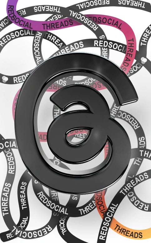 A large Threads logo in the center, with swirling ribbons labeled "RedSocial" and "Threads" in the background.