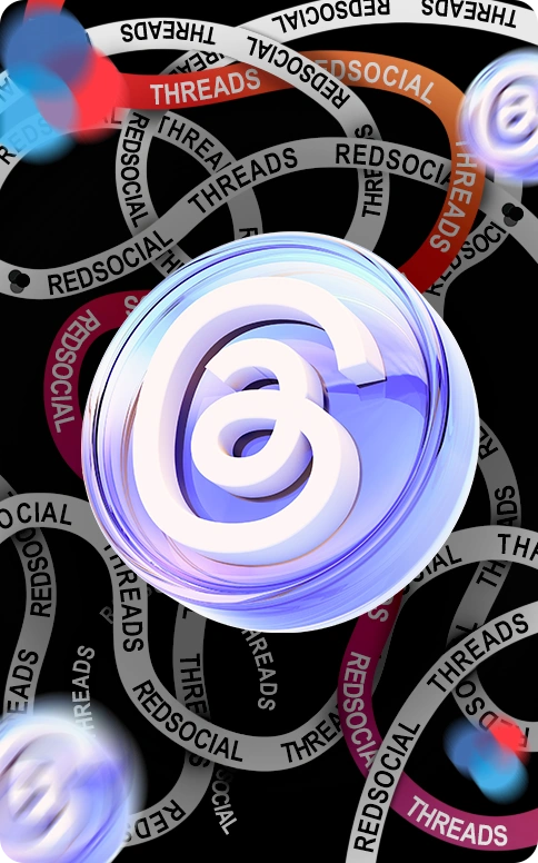 A shiny Threads logo floating against a background of swirling "RedSocial" and "Threads" ribbons, with some blurred icons in motion.