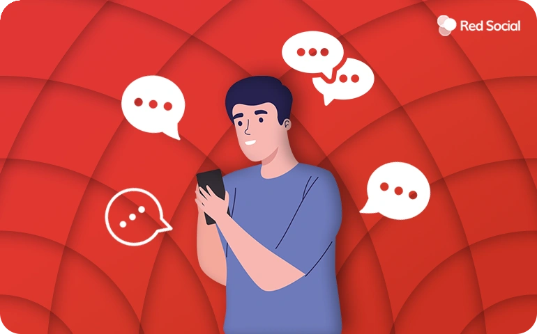 An illustration of a person looking at their phone with comment speech bubbles floating around them