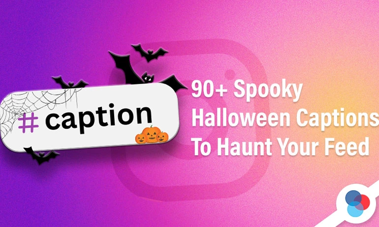 Featured blog image for an article titled "90+ Spooky Halloween Captions To Haunt Your Feed" with the Red Social template.