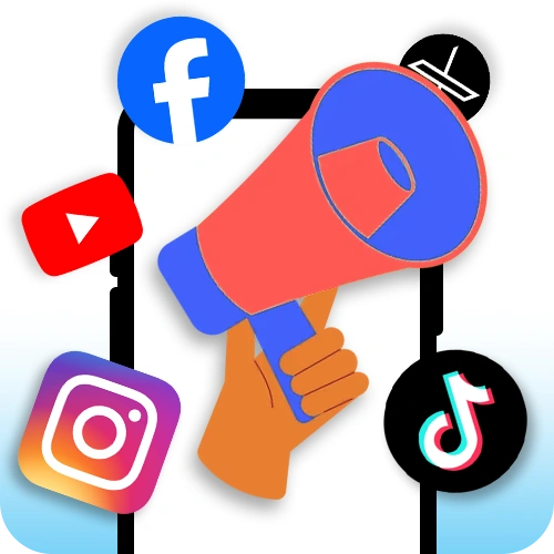 Hand holding a megaphone with social media icons for Facebook, YouTube, Instagram, and TikTok, representing social media promotion.