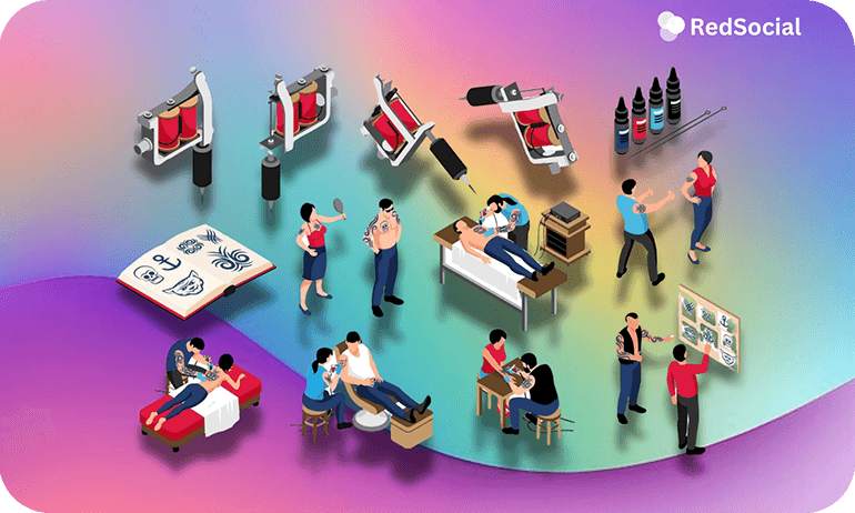 Illustration of different tattooing techniques and tools being used on clients