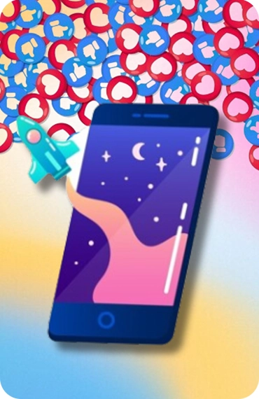 Illustration of a smartphone with a rocket symbol and social media icons, representing boosting engagement on Instagram.