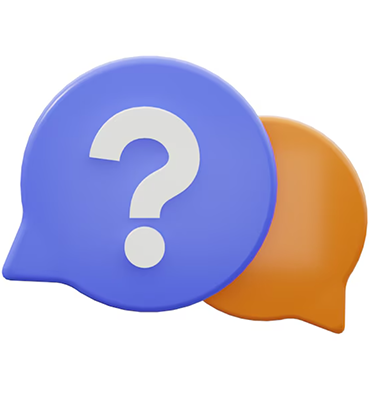 Two speech bubbles with a question mark icon in blue and orange.