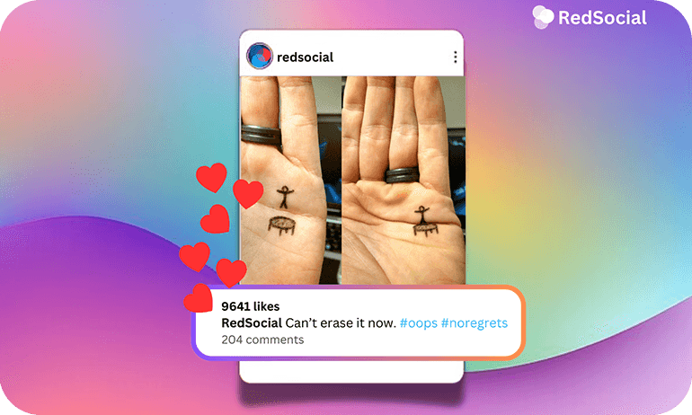 Instagram post mockup showing small hand tattoos with the caption "Can’t erase it now"