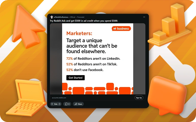 Reddit ad example with a message targeting marketers, showing statistics about Reddit's unique audience compared to other platforms like LinkedIn and TikTok.