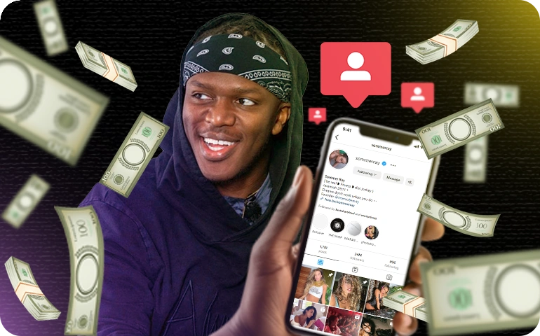 Image of KSI with floating dollar bills and a hand holding a smartphone showing an Instagram profile, representing influencer earnings on social media.