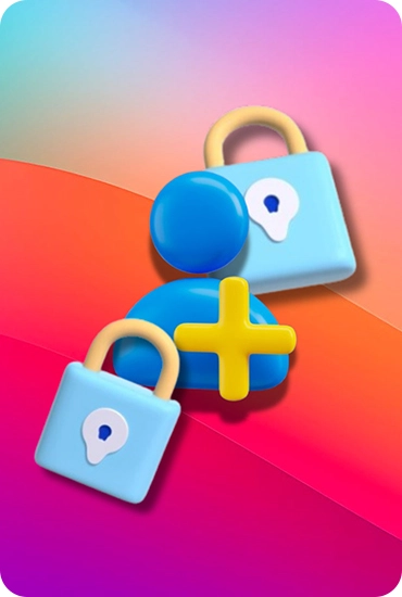 A blue user icon with a yellow plus sign, accompanied by two locks symbolizing Instagram privacy features.