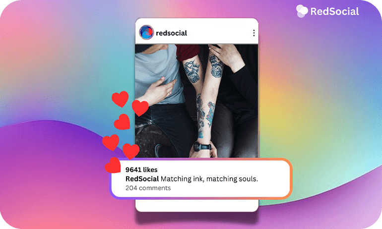 Instagram post mockup showing matching tattoos with the caption "Matching ink, matching souls"