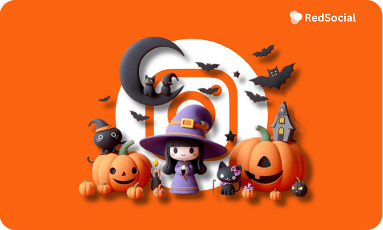 A cute Halloween scene with pumpkins, a witch, black cats, and bats surrounding the Instagram logo.