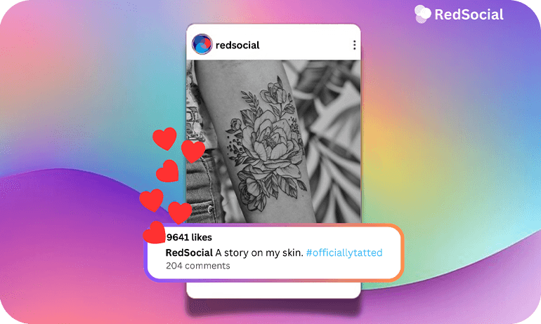 Instagram post mockup featuring a floral arm tattoo with the caption "A story on my skin"