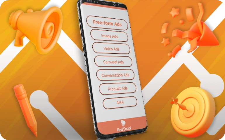 Smartphone screen displaying different types of Reddit ads such as image ads, video ads, carousel ads, and product ads, surrounded by marketing-related icons.