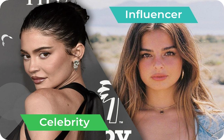 Side-by-side image of Kylie Jenner labeled as 'Celebrity' and Addison Rae labeled as 'Influencer,' illustrating the distinction between celebrities and non-celebrity influencers.