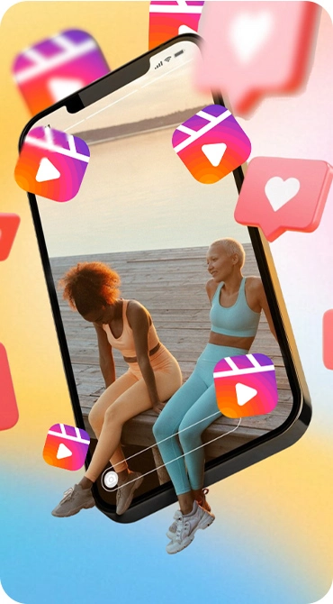 Smartphone display showing two people exercising, surrounded by Instagram Reels icons and like symbols.