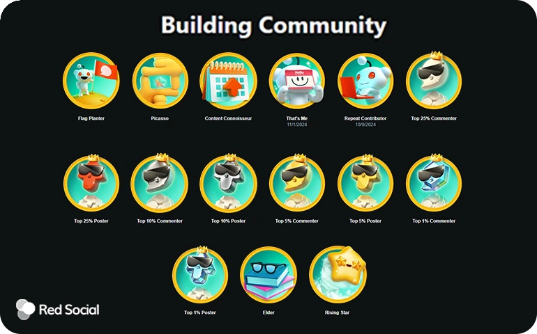Icons of community-related achievements under "Building Community."