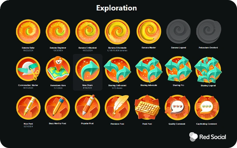 Icons of exploration achievements including bananas and sharing badges under "Exploration."
