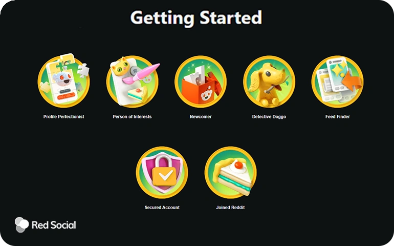 Icons of different Reddit achievements in yellow circles under "Getting Started."