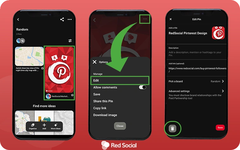 Mobile Pinterest interface showing steps to edit and delete a pin