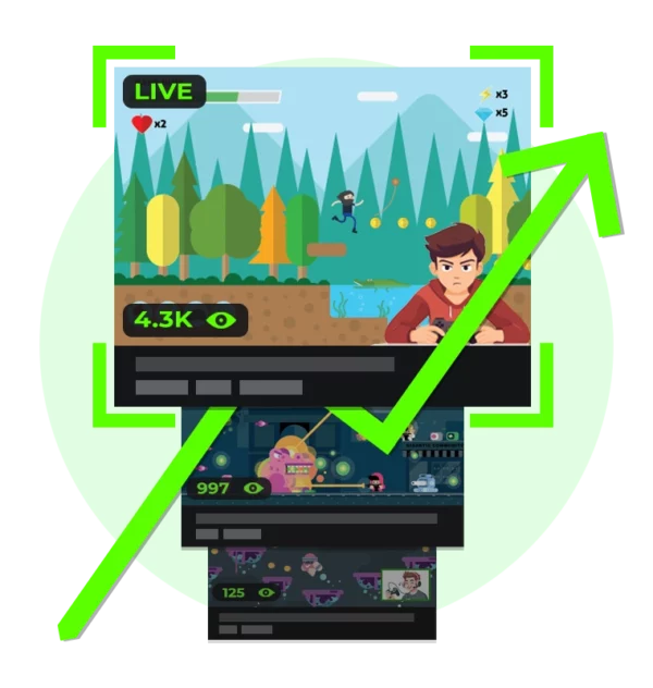 Kick live stream interface displaying viewer counts with a prominent upward green arrow