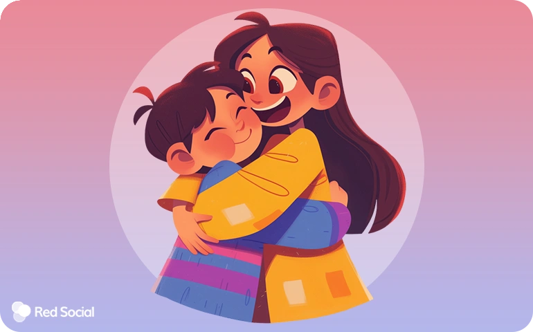 Cartoon siblings hugging warmly with a pastel background