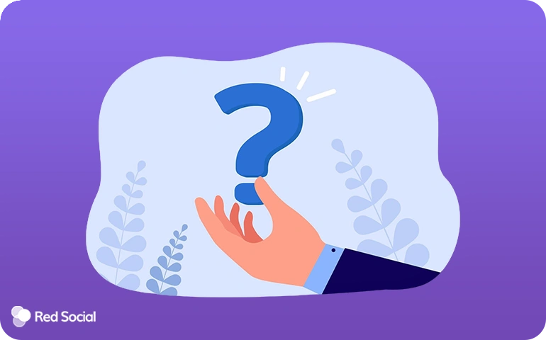 Hand holding a question mark icon on a purple background with decorative leaves