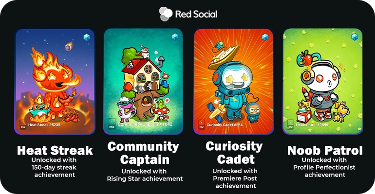 Four colorful achievement cards labeled Heat Streak, Community Captain, Curiosity Cadet, and Noob Patrol.