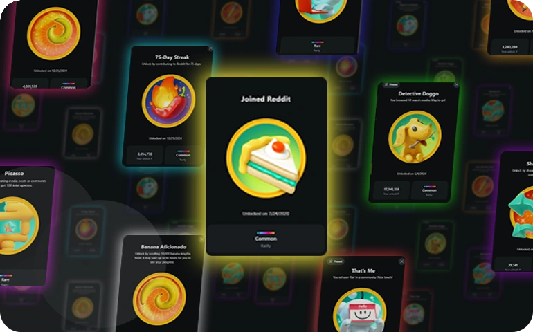 Various Reddit achievement icons floating on a dark background with a highlighted "Joined Reddit" badge.