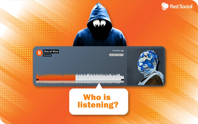 Hooded figure looking at SoundCloud player with "Who is listening?" text
