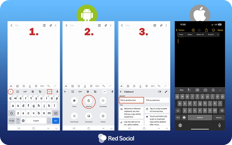 Steps to access clipboard on Android and iOS shown in three panels