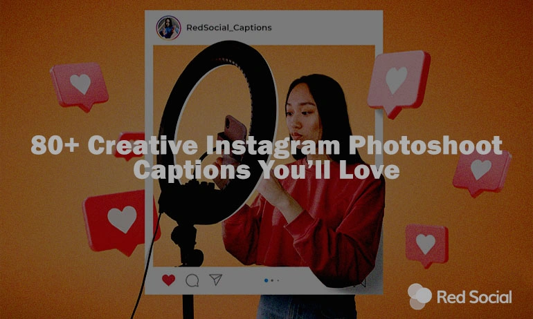 Instagram post with a woman using a ring light and text about photoshoot captions