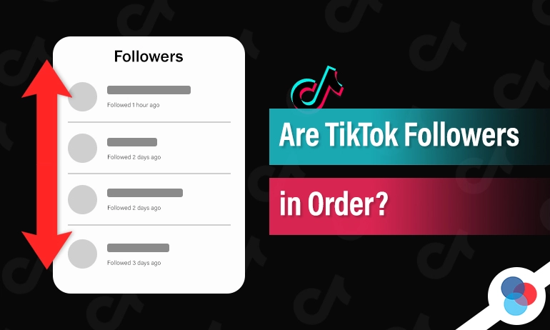 Graphic titled “Are TikTok Followers in Order?” showing a TikTok followers list with timestamps and red up and down arrows indicating chronological order.