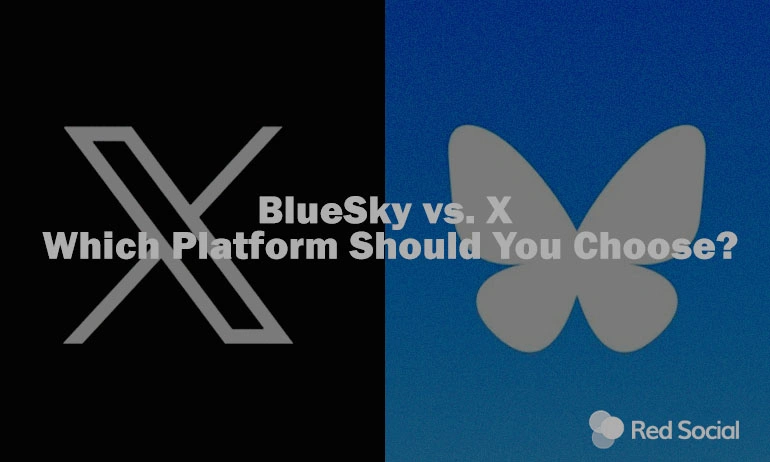 BlueSky and X logos side by side with text about platform comparison