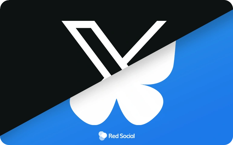 Split graphic merging BlueSky and X logos on contrasting backgrounds