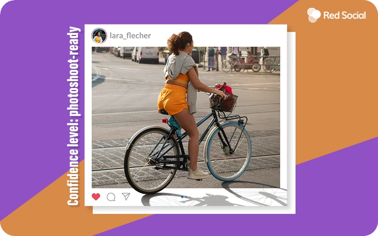 Instagram post of a woman riding a bicycle with a photoshoot-ready caption
