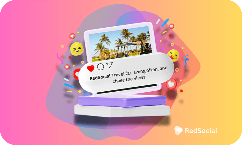 Vibrant social media post on Instagram with a travel caption, featuring a tropical golf scene and playful emojis.