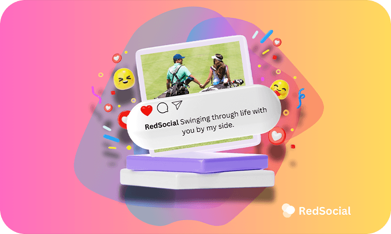 Colorful Instagram post showcasing a couple on a golf course, captioned with a message about companionship.